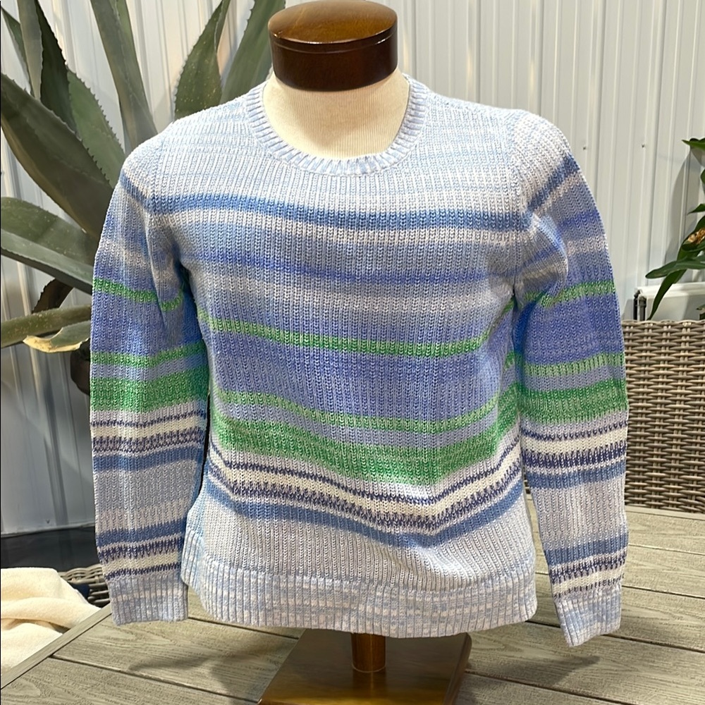 LOFT Blue and Green Striped Crew Neck Sweater